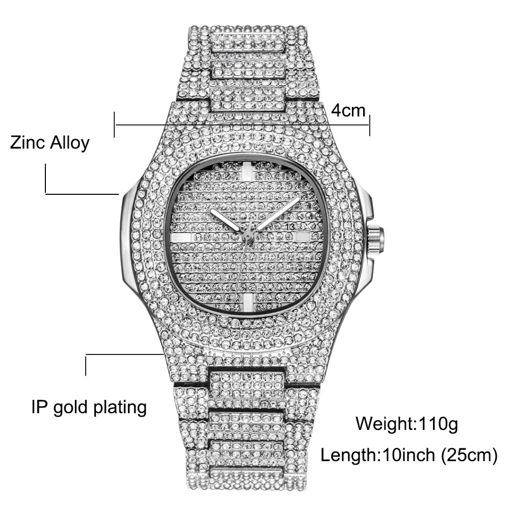 Men Luxury Iced Out Watches Bracelet Set Gold Silver Color Full Rhinestone Cuban Chain Bracelet Wristwatch Relogio Feminino