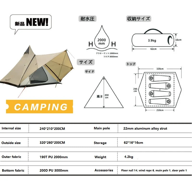 Vidalido Outdoor Camping Luxury 2-4 people Indian Pyramid Tent Sunshade Self-driving Rainproof Family Travel Tent