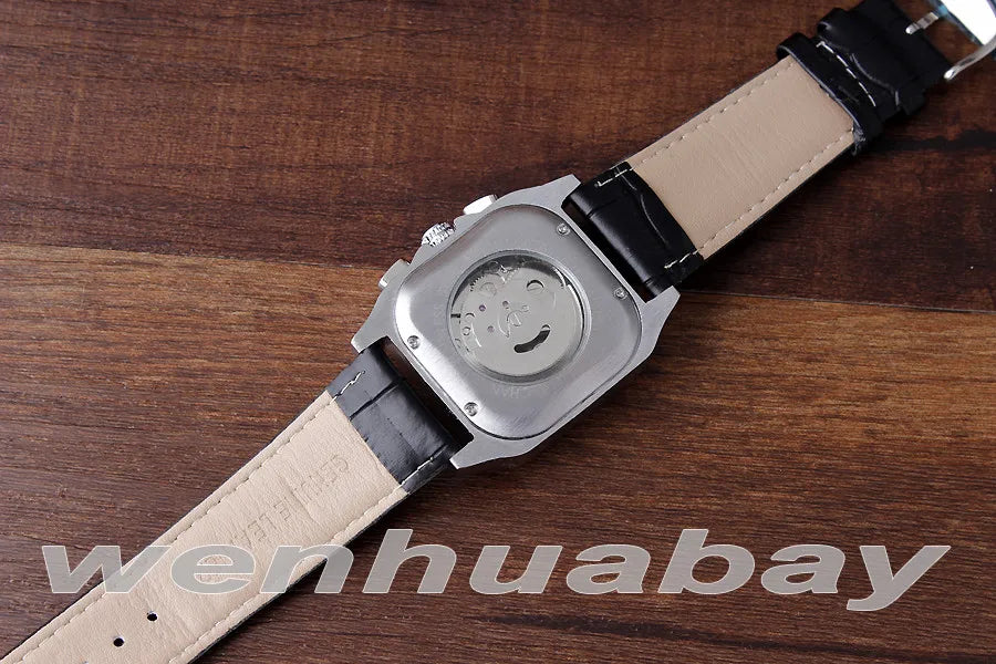Men Automatic Mechanical Watch Simple Black White Leather Skeleton Watches Self Winding Male Reloj Classy Male Heren Horloge