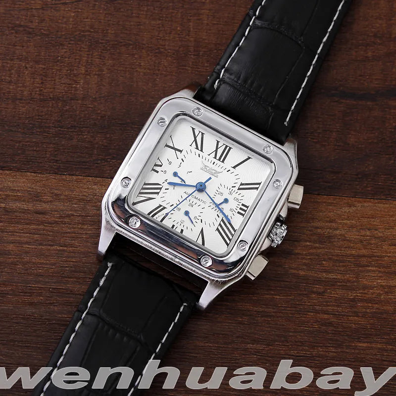 Men Automatic Mechanical Watch Simple Black White Leather Skeleton Watches Self Winding Male Reloj Classy Male Heren Horloge