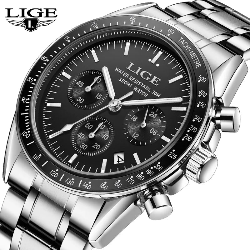 LIGE Mens Watches Business Fashion Quartz Wristwatch Stainless Steel Waterproof Chronograph Luminous Auto Date Watch for Men