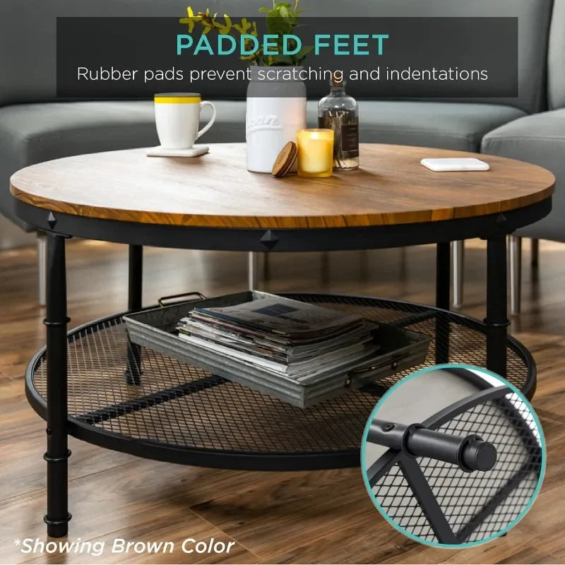 Best Choice Products 2-Tier 35.5in Round Industrial Coffee Table, Rustic Steel Accent Table for Living Room, w/Wooden Tabletop