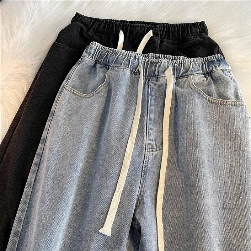 Women's Burrs Drawstring Straight Denim Pants Simple Preppy Style Elastic Waist Jeans Summer Fashion Female Trousers