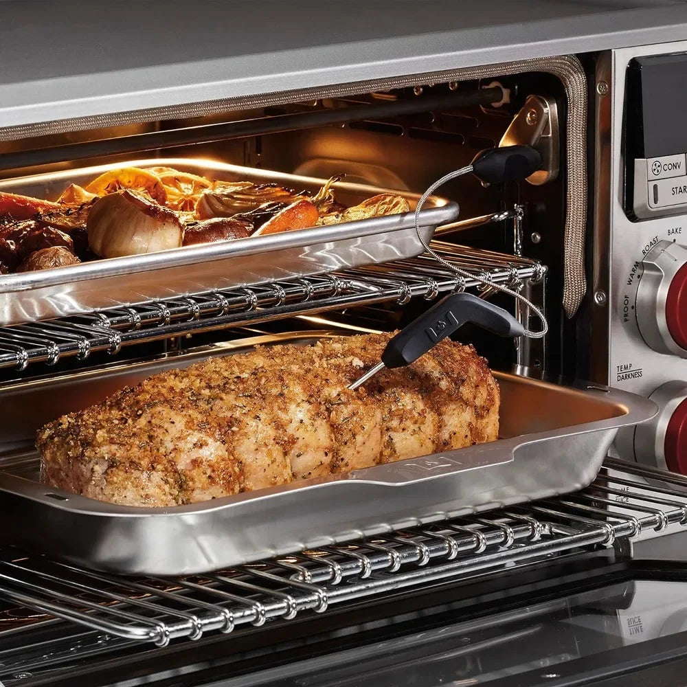 Wolf Gourmet Elite Countertop Convection Oven Toaster Oven Digital Display with Temperature Probe, Stainless Steel with Red Knobs (WGCO150S)