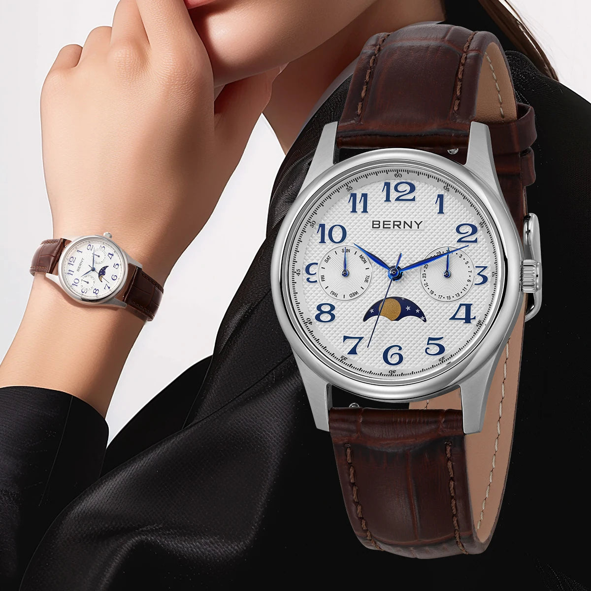 BERNY Luxury Watch for Women 2024 New in Quartz Vintage Lady Watches Easy Read Moon Phase Calendar Dress Business Wristwatch