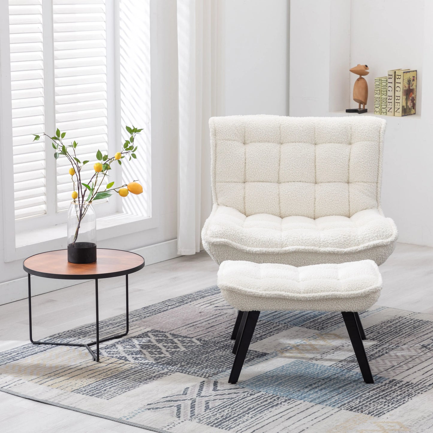 Modern Soft Teddy Fabric Material Large Width Accent Chair Leisure Chair Armchair TV Chair Bedroom Chair With Ottoman Black Legs