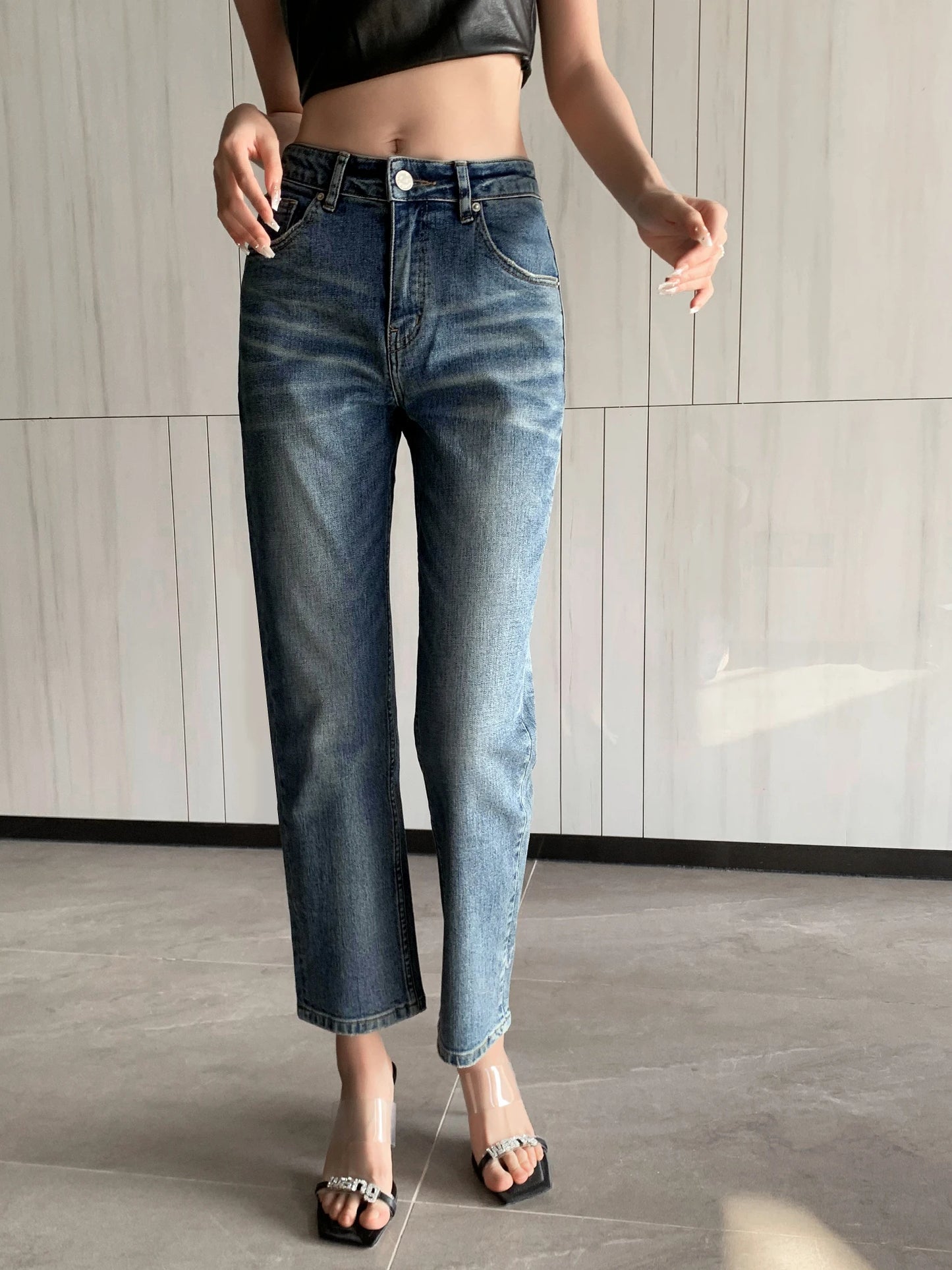 FRENCH ROMANCE VINTAGE NEW FASHION Y2K SUMMER DENIM SLIM HIGHT-WAISTED NINE-POINT JEANS