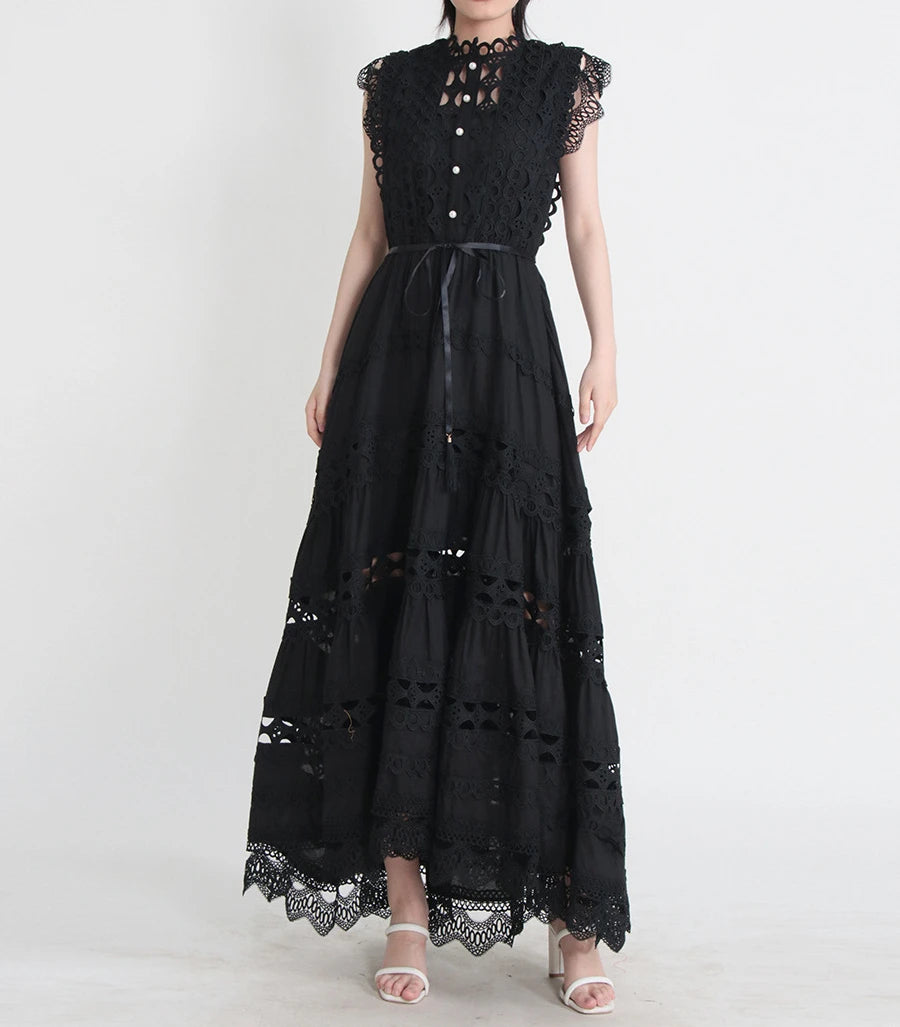 Vintage Sleeveless Black Women Dress Long Summer Hollow Out Women's Clothing Bodycon Runway Design Elegant Vestido Black