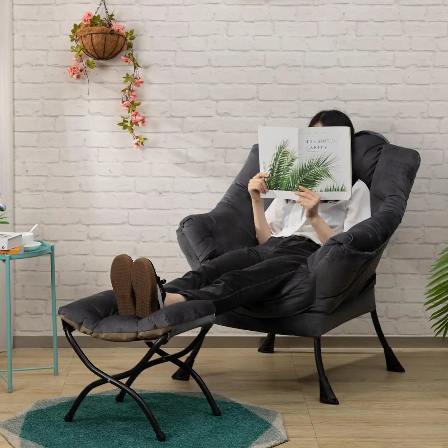 Fabric Lazy Chair with Foldable Ottoman, Accent Comfy Lounge Arm Chair and Folding Footrest Stool Set,Leisure Sofa Reading Chair