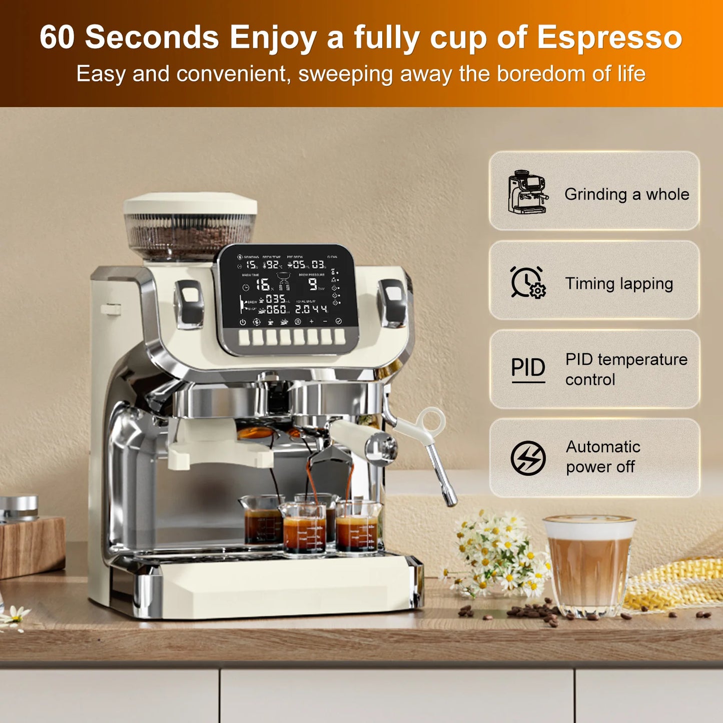 Mcilpoog TC520 Semi Automatic Coffee Machine with Grinder & Steamer, 6-Inch Large Display, Coffee Maker for Home and Office.