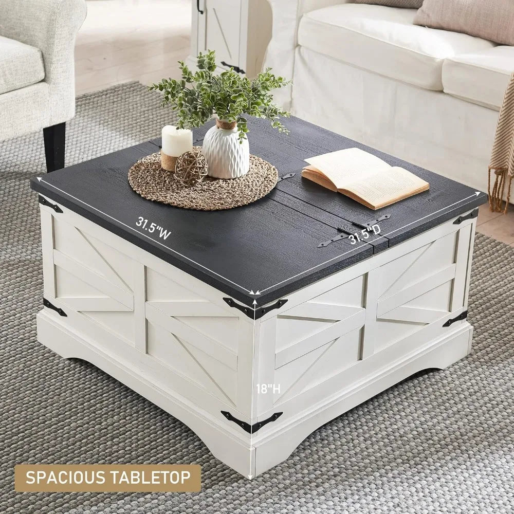 Farmhouse Coffee Table, Square Wood Center Table with Large Hidden Storage Compartment for Living Room, Rustic Cocktail Table