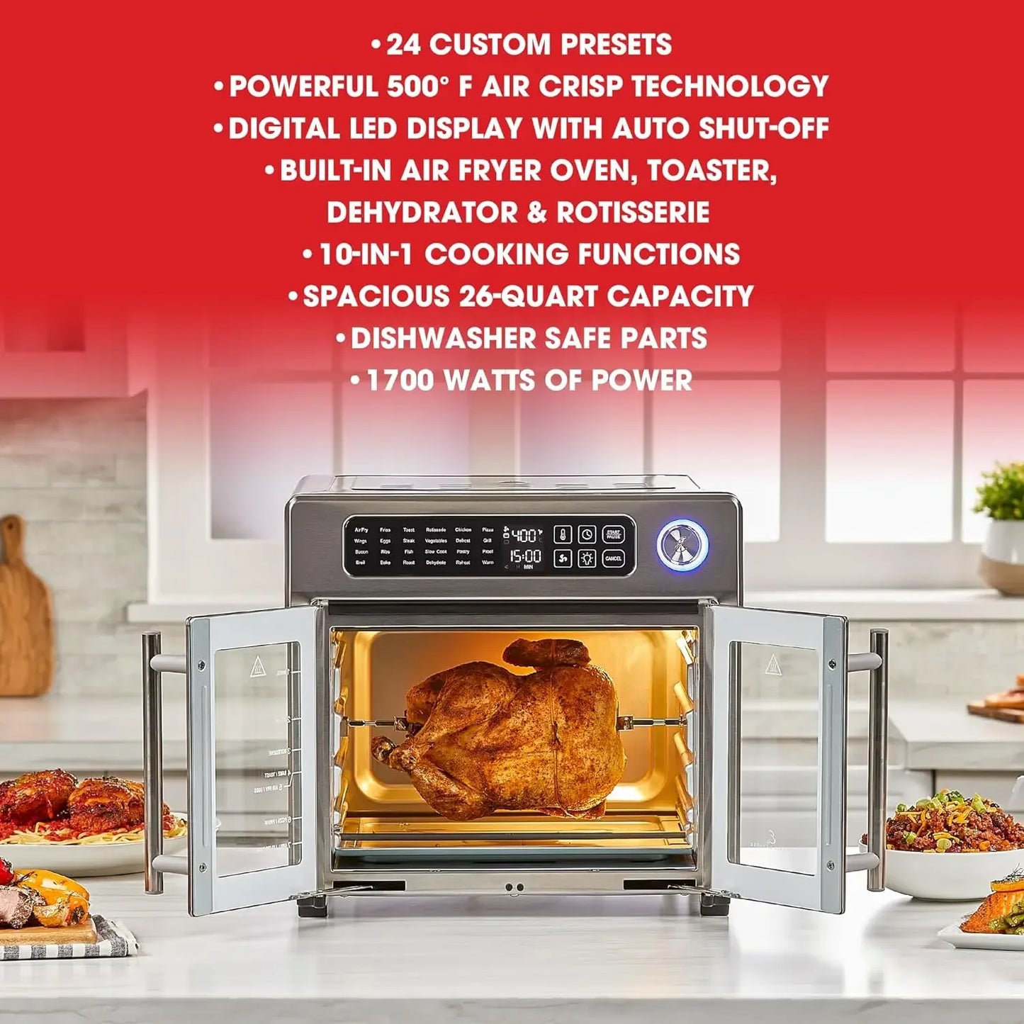 Kitchen suppliesEmeril Lagasse 26 QT Extra Large Air Fryer, Convection Toaster Oven with French Doors, Stainless Steel