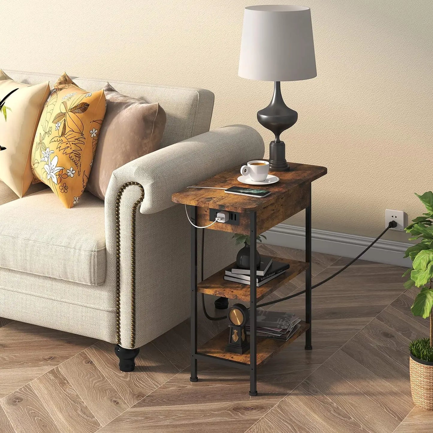 LIDYUK End Table with Charging Station Flip Top Side Table with USB Ports and Outlets Nightstand for Small Spaces Bedside Tables
