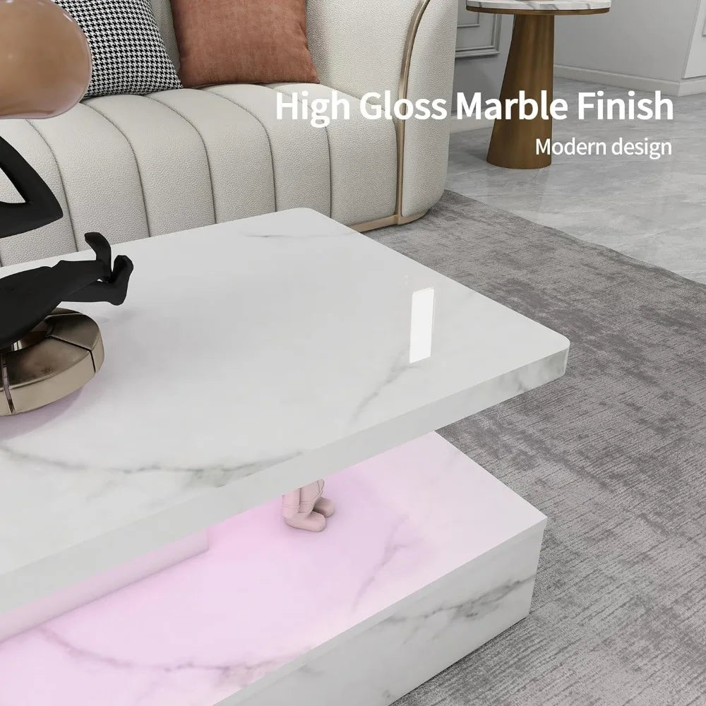 LED Coffee Table with High Gloss Surface, Modern White Coffee Table, with Remote Control, White Coffee Table for Living Room