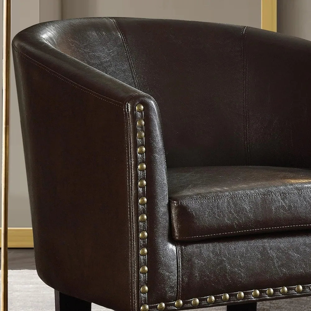Duilio Club Style Barrel Armchair For Living Room Faux Leather Accent Chair, Leather Brown