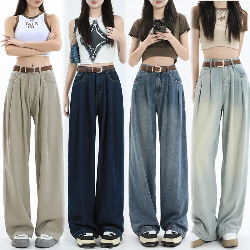 High-waisted To Cover The Crotch and Belly, Slim and Drapey, Loose and Versatile Trousers Retro Wide-leg Jeans for Women