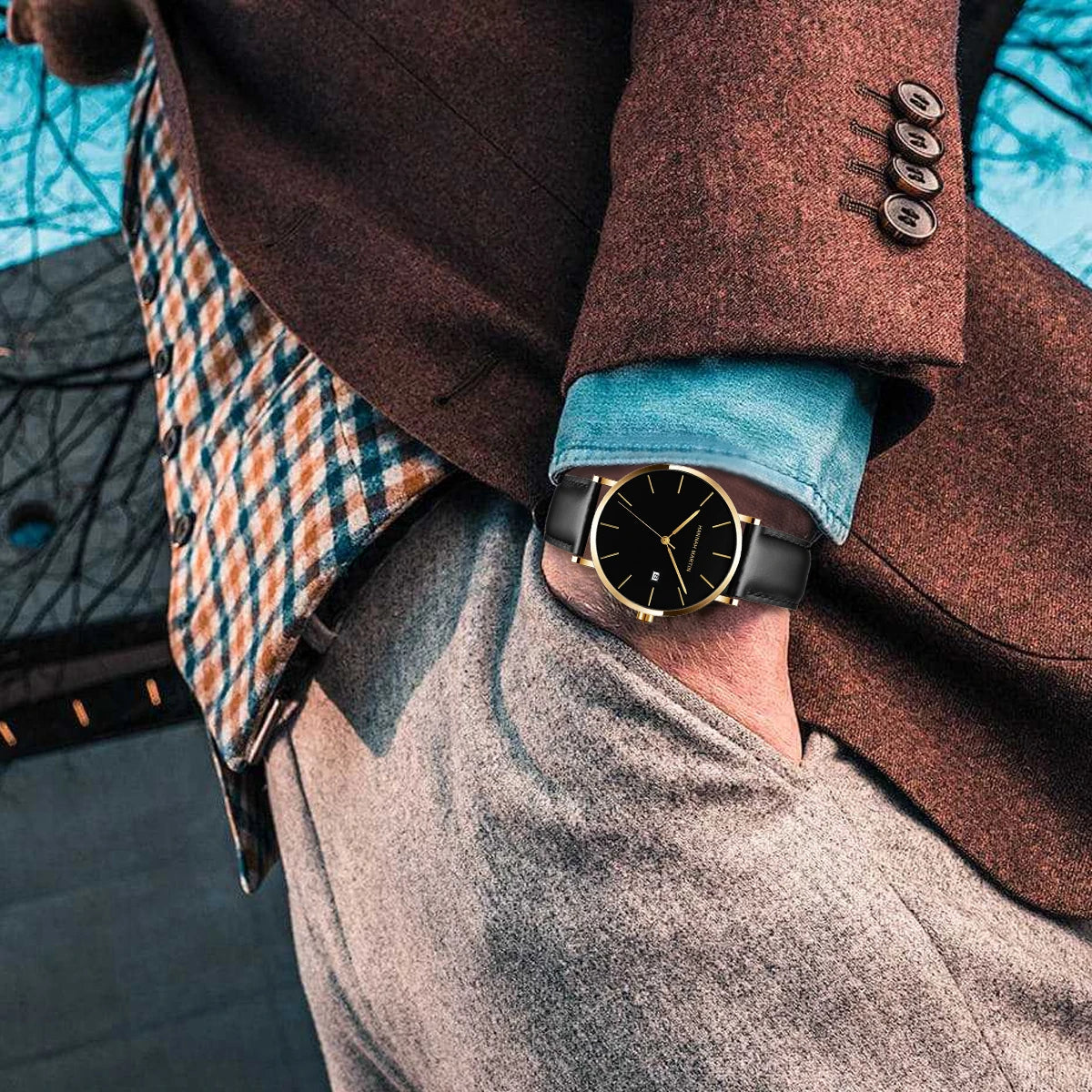 Watch For Men Business Style Genuine Leather Japanese Movement Gold Black Fashion Simplicity 3Bar Waterproof Quartz Men Watches