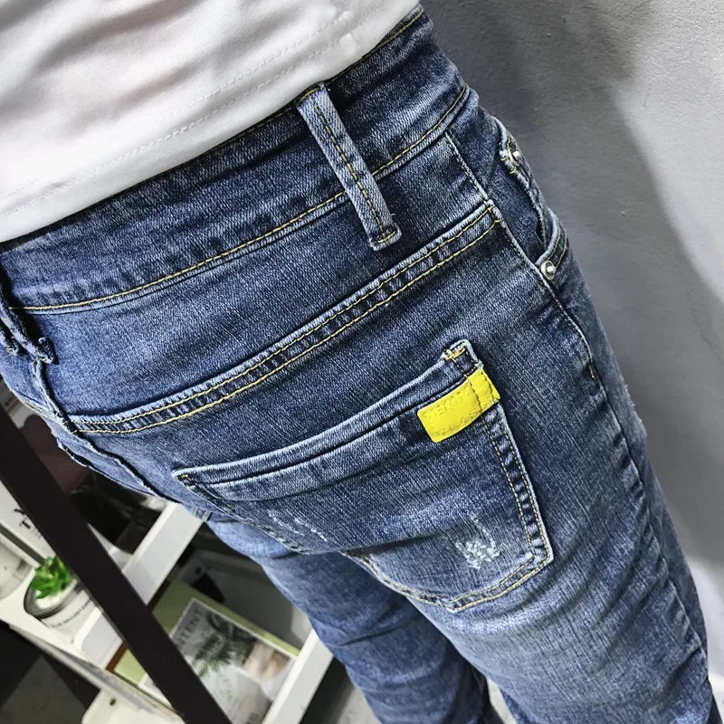 Trendy Men's Slimming Denim Jeans Spring/summer New Korean Style Washing Blue Tapered Pants For Social Youth