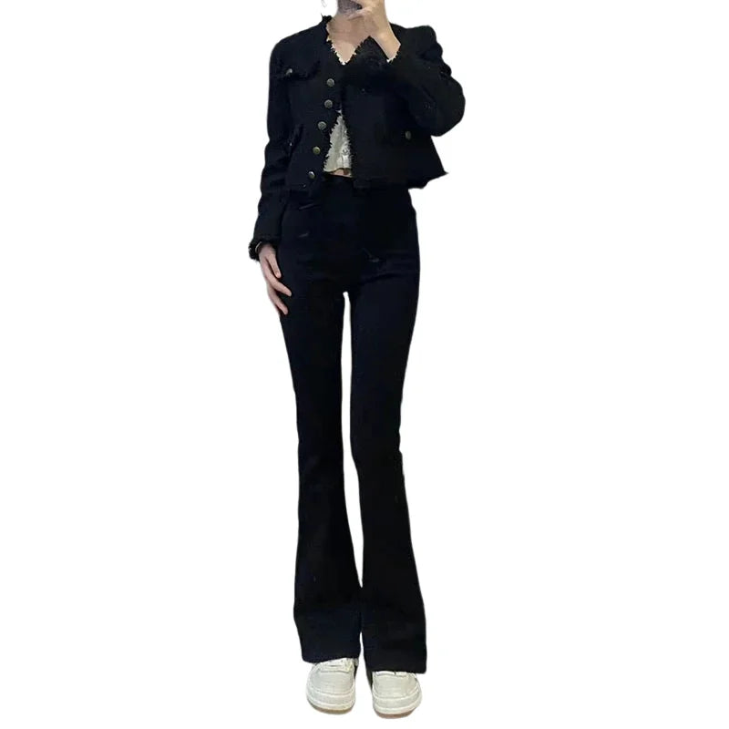 Black Jeans For Women Autumn 2024 High Waisted Micro Flared Pants Korean Fashion Slim Pants Elegant Office Ladies Tights Y2k