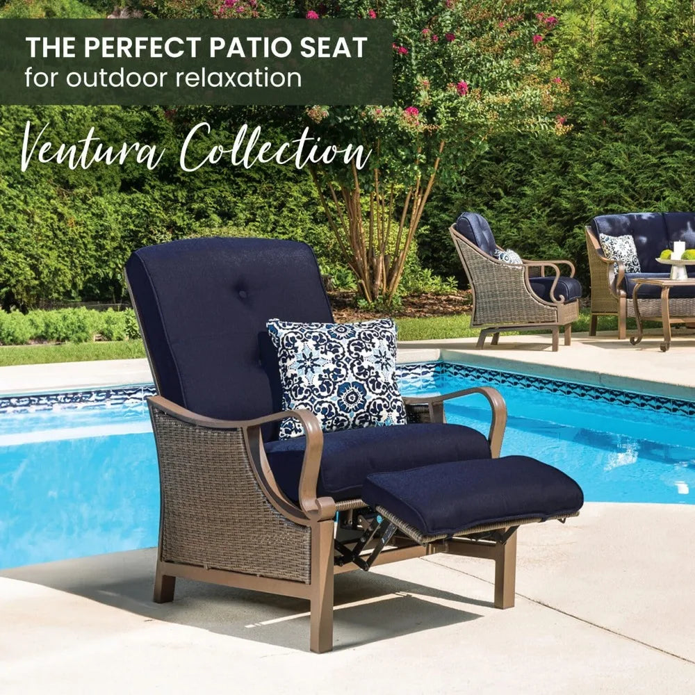 Ventura Brown Wicker Outdoor Recliner Chair with Cushions and Accent Pillow, Luxury All-Weather Outdoor Patio Recliner Chair