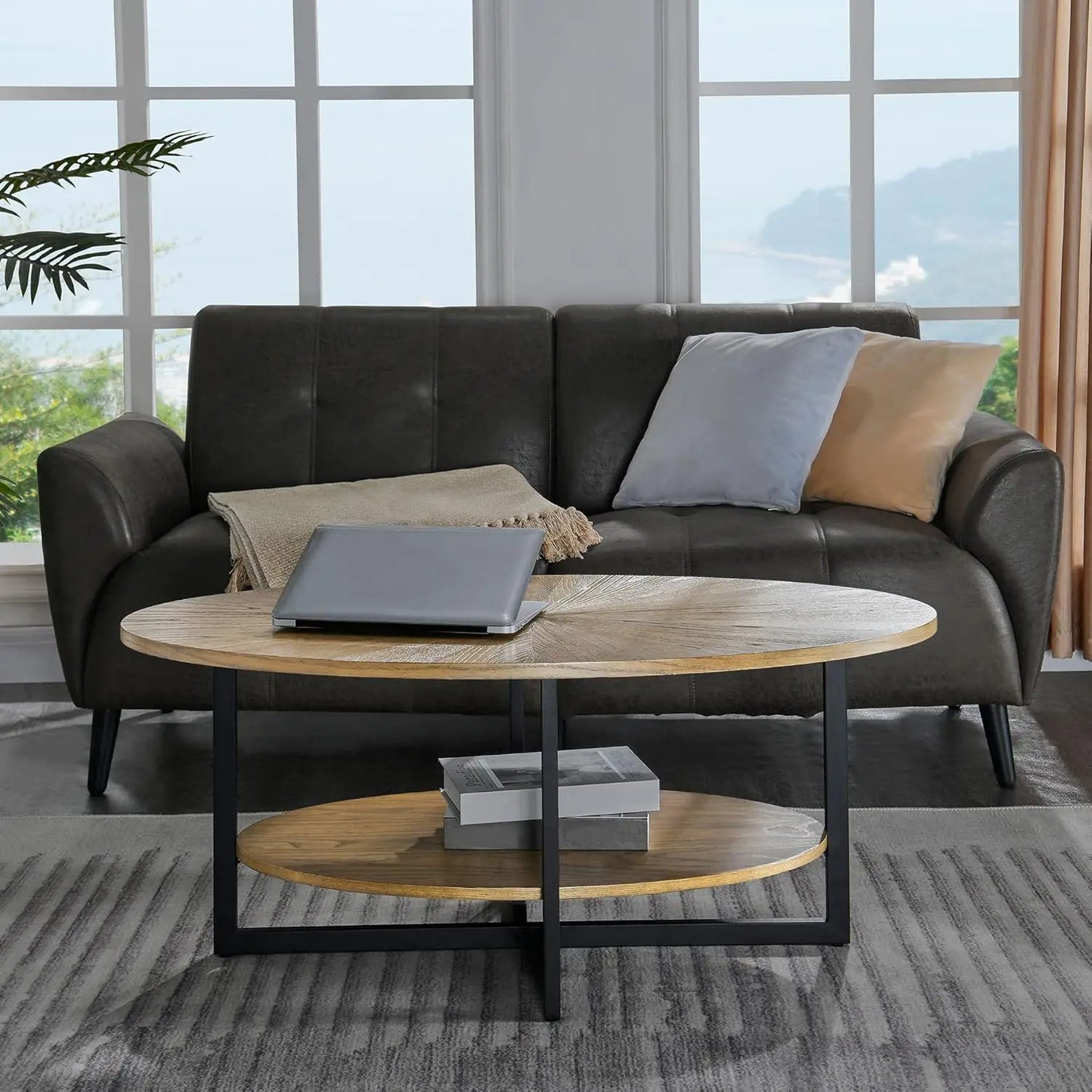 Solid Wood Oval Coffee Table with Cross Metal Legs, 43.3in Modern Industrail Center Table with Open Shelf Cocktail