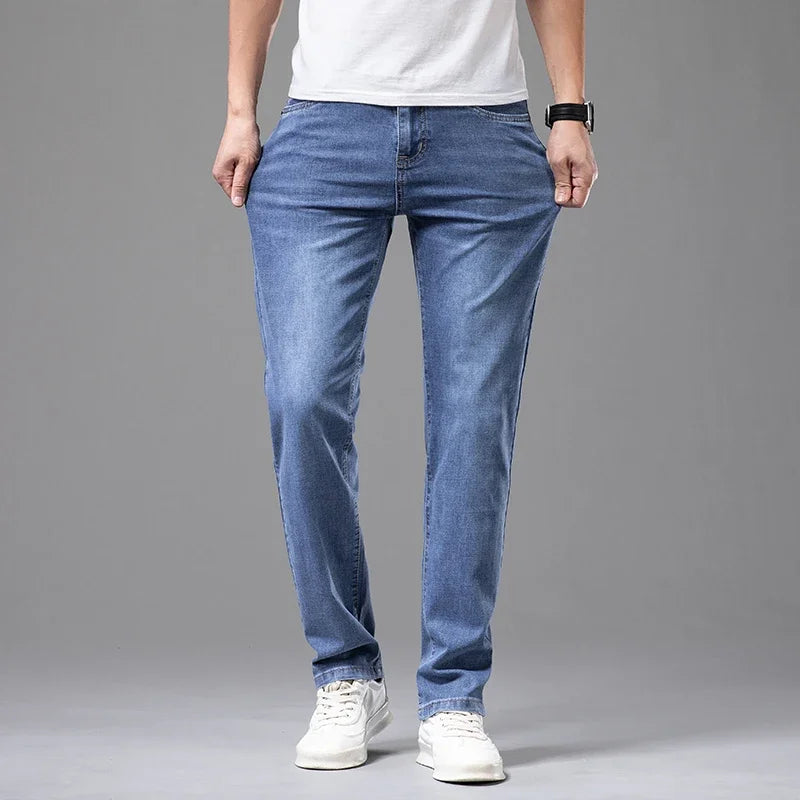 Summer Thin Men's Stretch Cotton Soft Denim Jeans Fashion Gray Business Slim Straight Casual Pants High Quality Brand Trousers