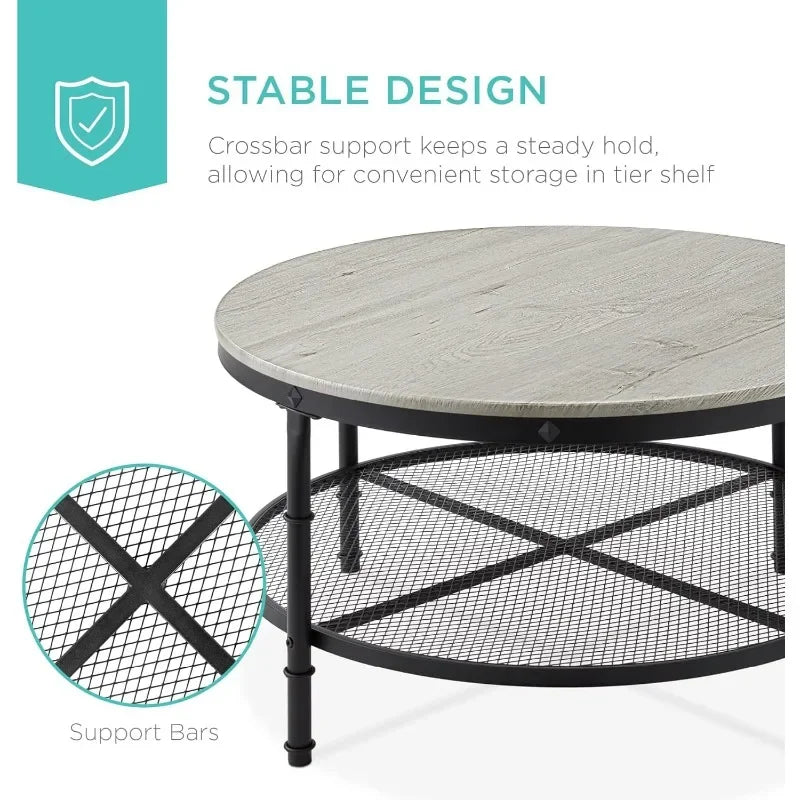 Best Choice Products 2-Tier 35.5in Round Industrial Coffee Table, Rustic Steel Accent Table for Living Room, w/Wooden Tabletop