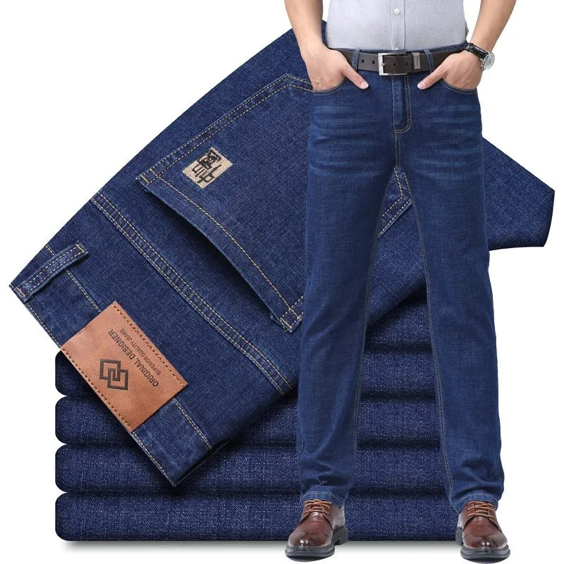 Denim New Men's Jeans Elastic Business Straight Fashion Long Pants New Arrivals Comfortable Daily Pants Black Blue Trousers