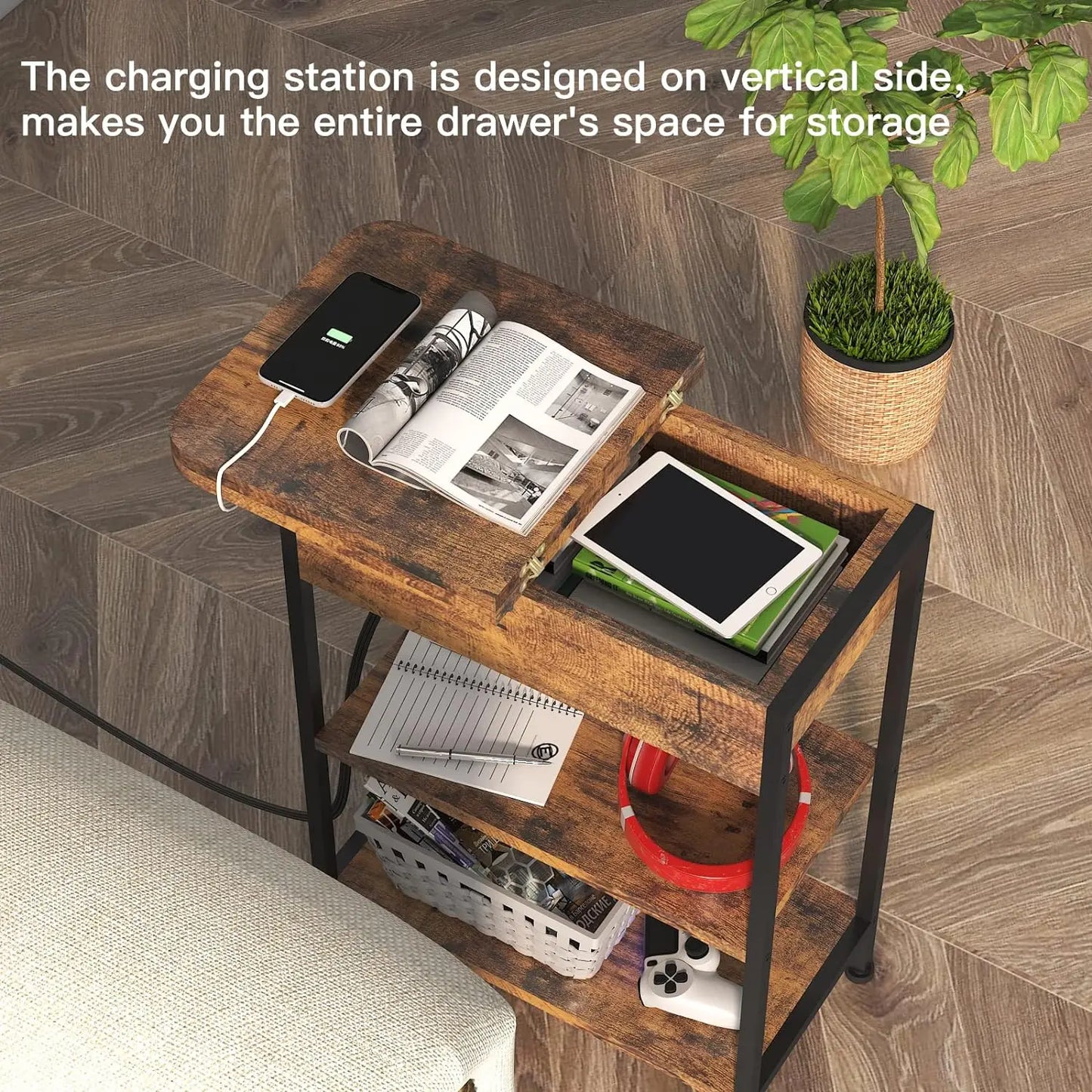 LIDYUK End Table with Charging Station Flip Top Side Table with USB Ports and Outlets Nightstand for Small Spaces Bedside Tables