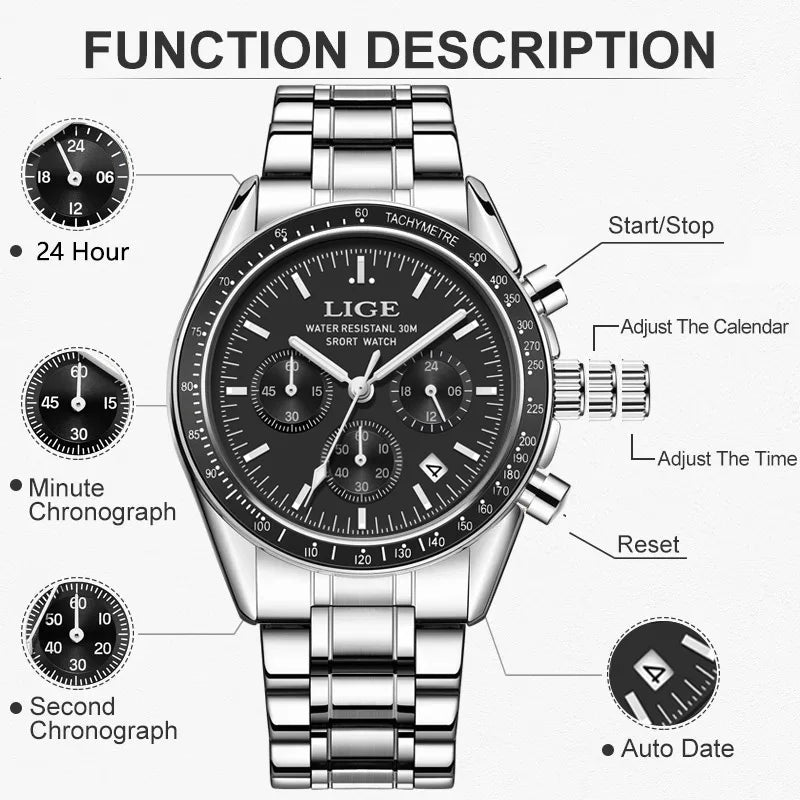 LIGE Mens Watches Business Fashion Quartz Wristwatch Stainless Steel Waterproof Chronograph Luminous Auto Date Watch for Men