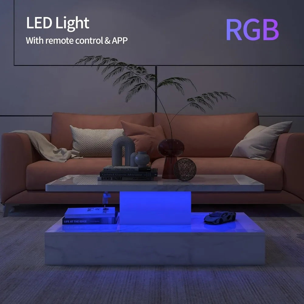LED Coffee Table with High Gloss Surface, Modern White Coffee Table, with Remote Control, White Coffee Table for Living Room