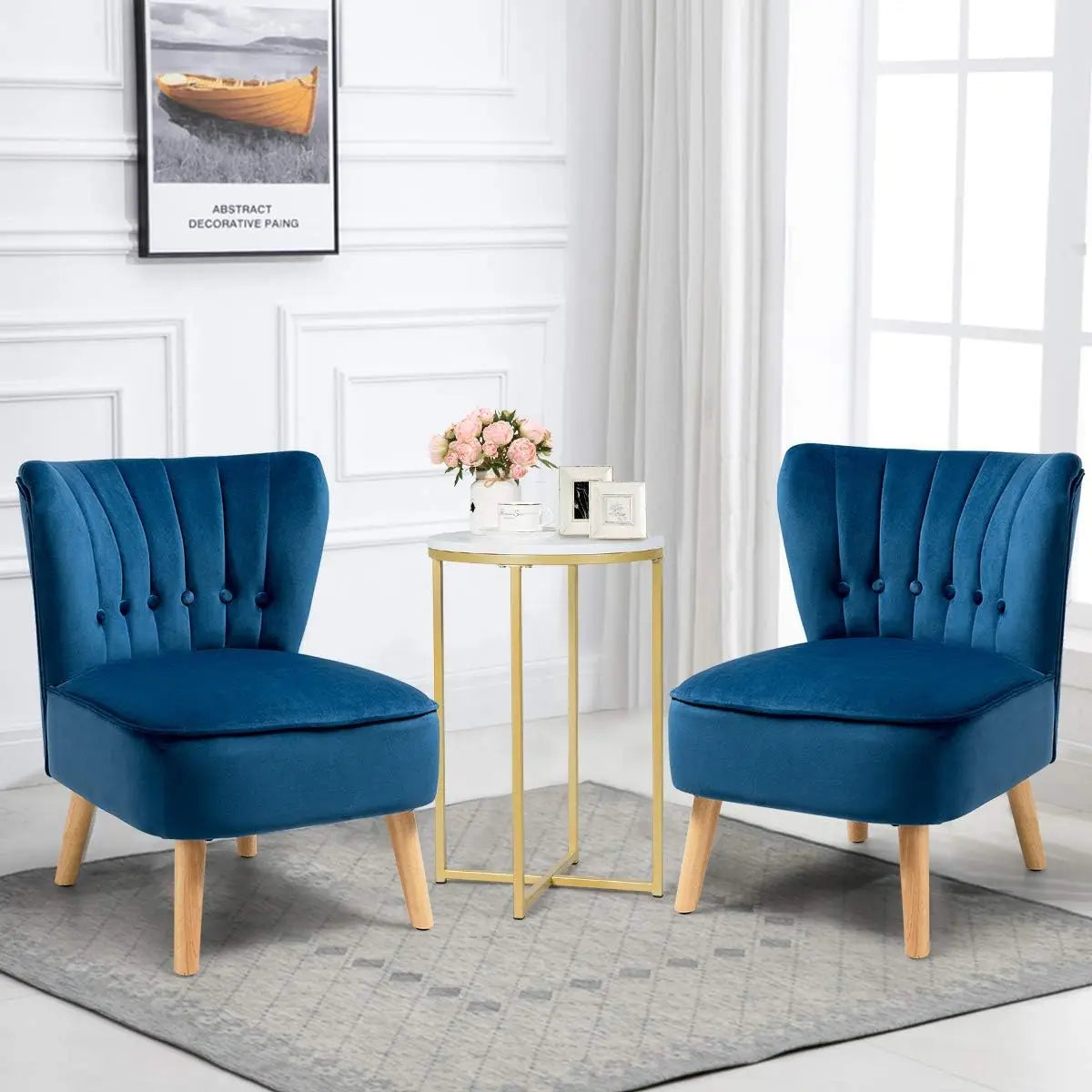 Set of 2 Modern Velvet Accent Chair, Small Upholstered Leisure Sofa Chair w/Wood Legs, Thickly Padded and Button Tufted