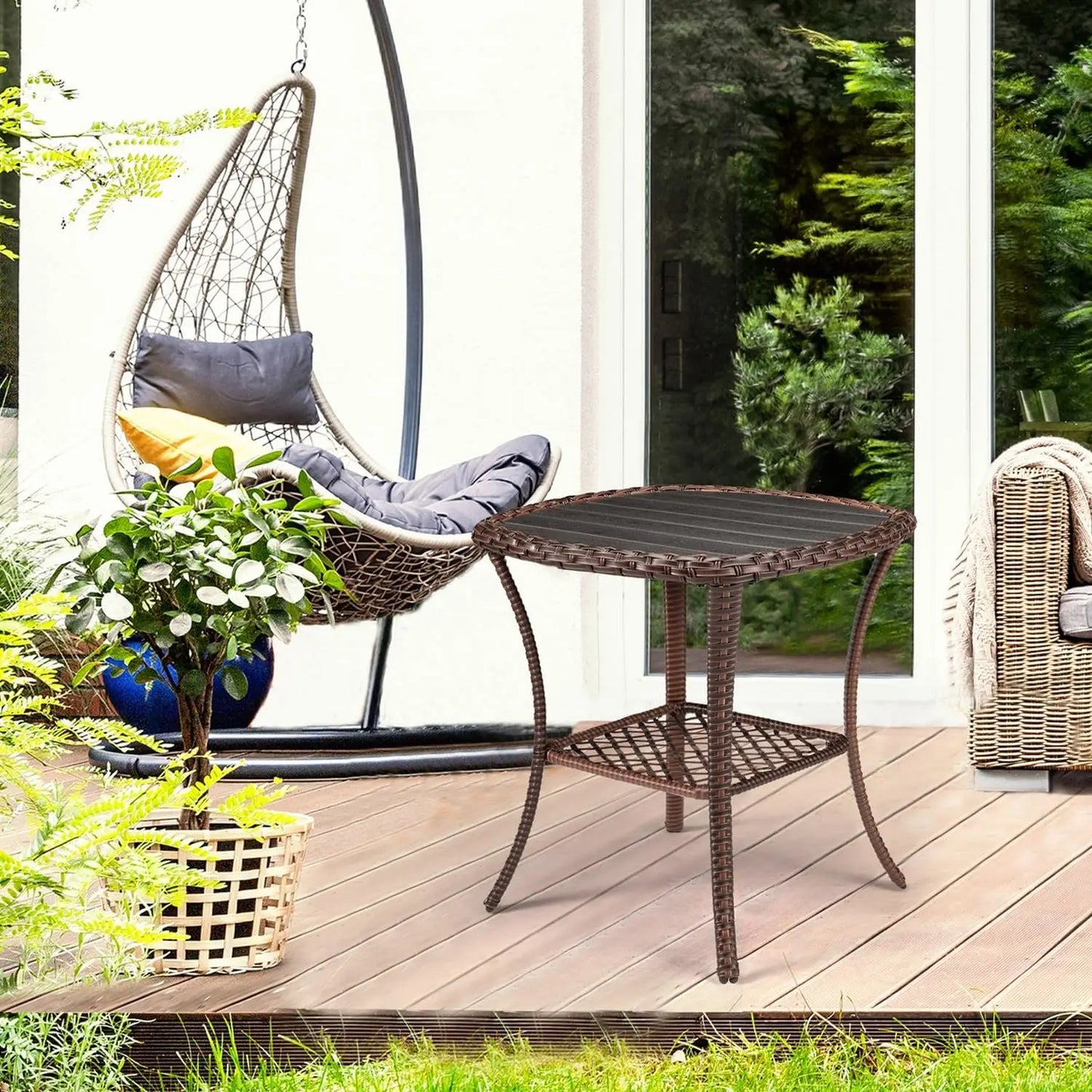 Outdoor Side Table Patio Wicker Coffee Table Outdoor End Table Rattan Bistro with Storage & Poly Lumber Top Square