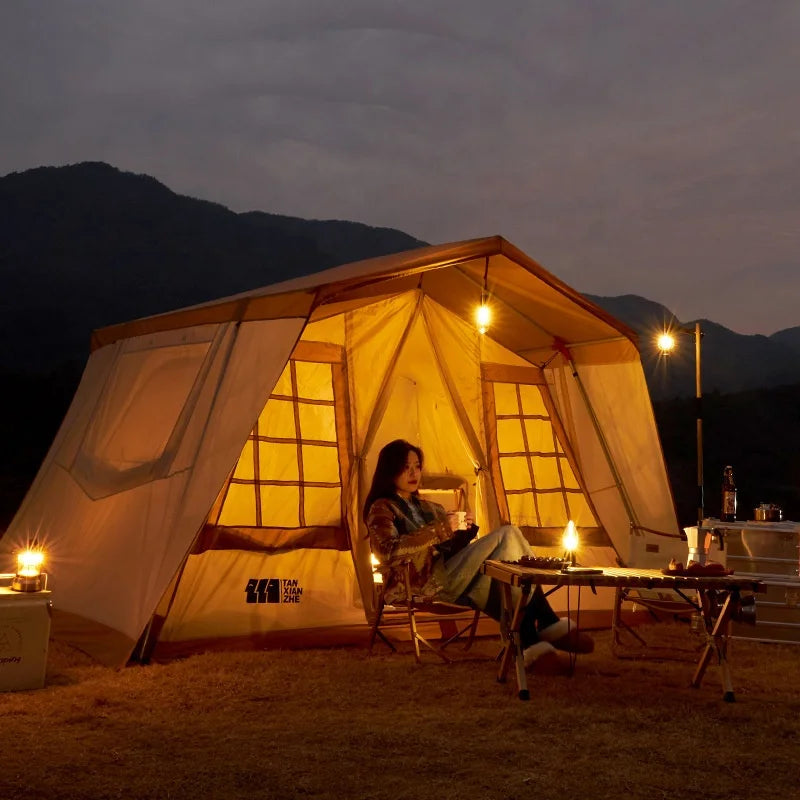 Large Space Luxury Family Tent Camping 5-8 Person Thick Vinyl Rainproof Windproof Fabric Hiking Outdoor Tent