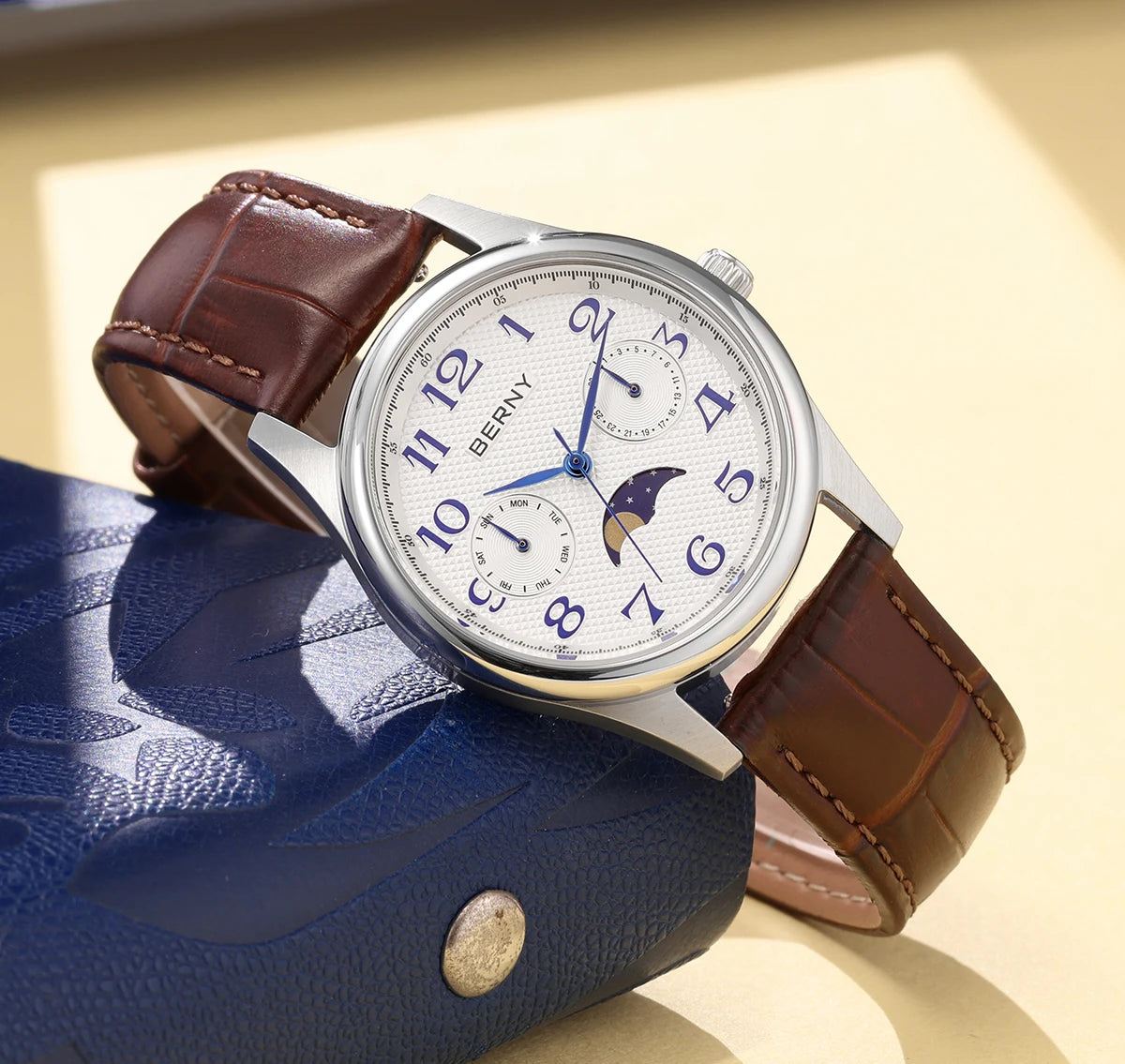 BERNY Luxury Watch for Women 2024 New in Quartz Vintage Lady Watches Easy Read Moon Phase Calendar Dress Business Wristwatch