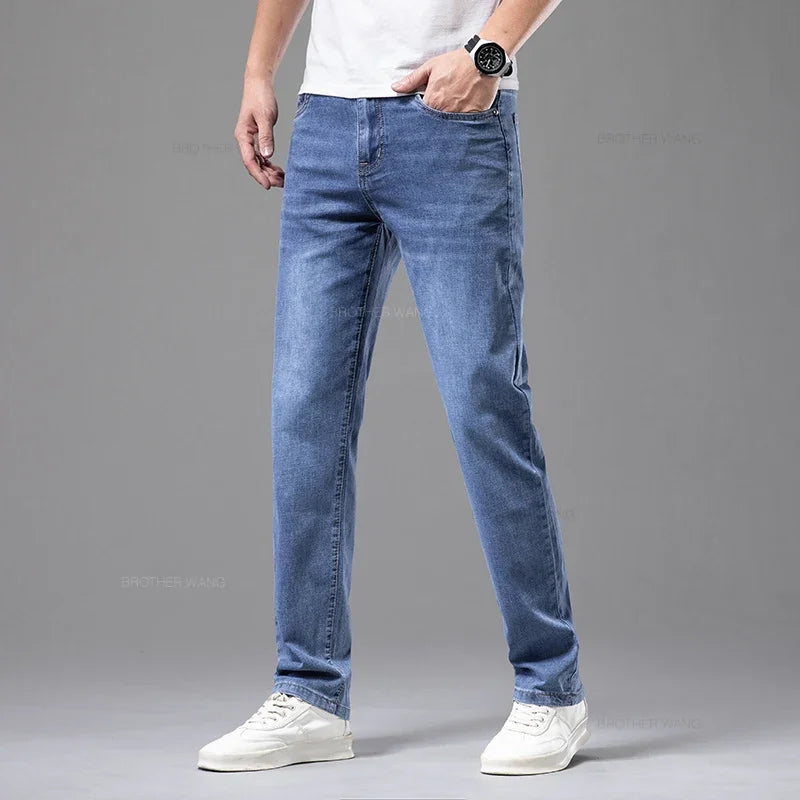 Summer Thin Men's Stretch Cotton Soft Denim Jeans Fashion Gray Business Slim Straight Casual Pants High Quality Brand Trousers