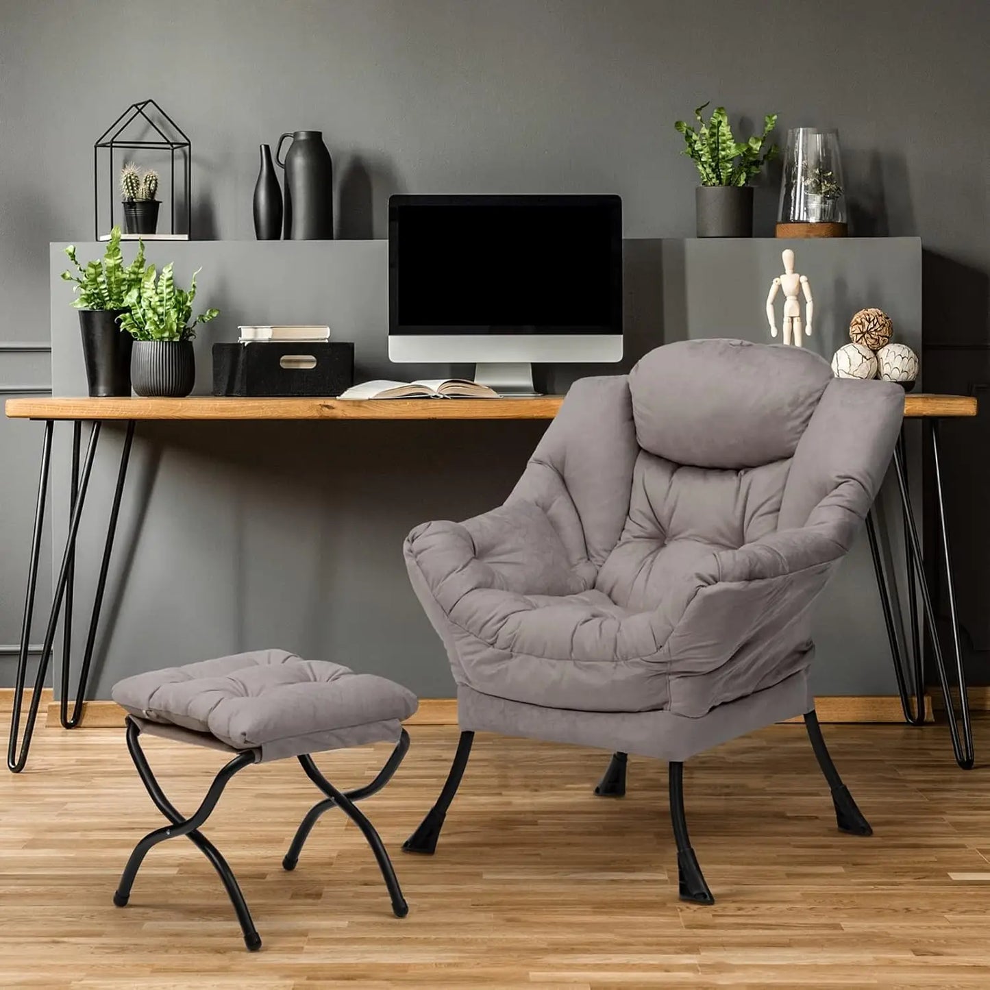 Fabric Lazy Chair with Foldable Ottoman,Accent Comfy Lounge Arm Chair and Folding Footrest Stool Set, Leisure Sofa Reading Chair