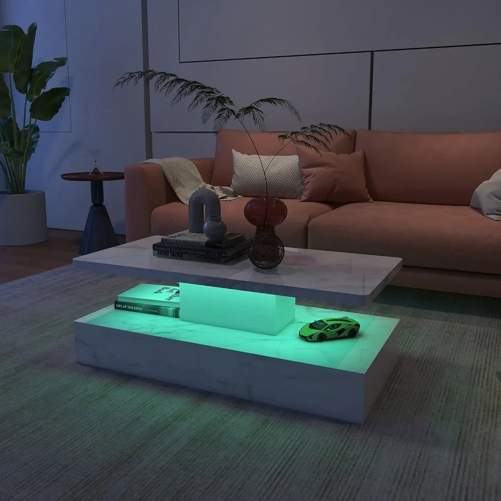 LED Coffee Table with High Gloss Surface, Modern White Coffee Table, with Remote Control, White Coffee Table for Living Room