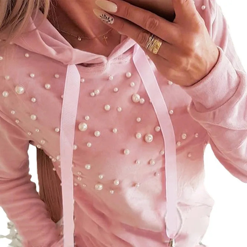 2024 New Women's Clothing Pink Bubble Beads Decorative Hooded Sweater Pullover Sweatpants Trousers Casual Suit 2-Piece Set