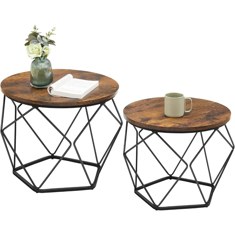 VASAGLE Small Coffee Table Set of 2, Round Coffee Table with Steel Frame, Side End Table for Living Room, Bedroom, Office
