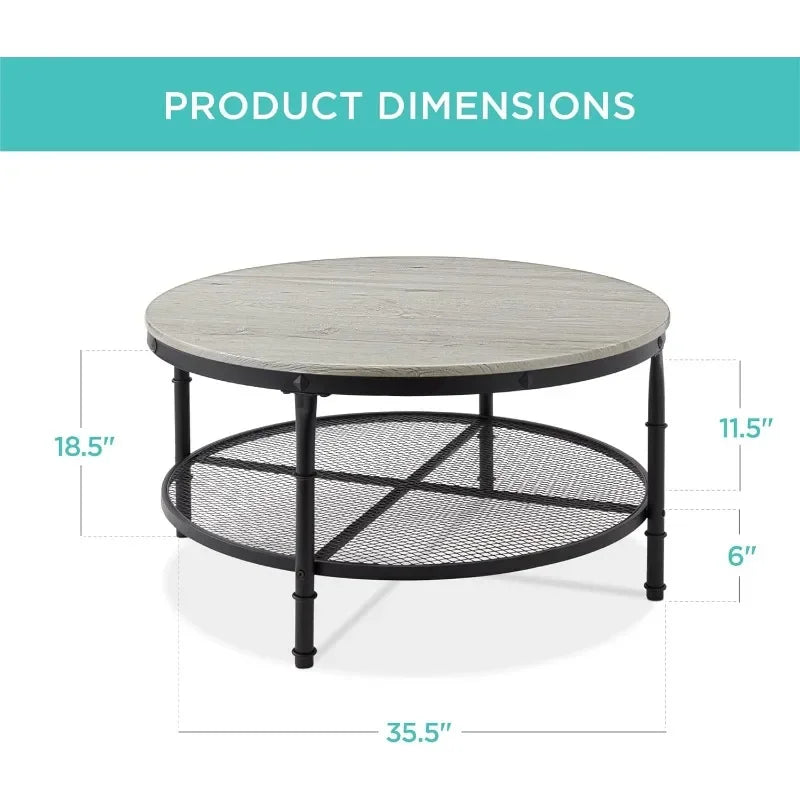 Best Choice Products 2-Tier 35.5in Round Industrial Coffee Table, Rustic Steel Accent Table for Living Room, w/Wooden Tabletop