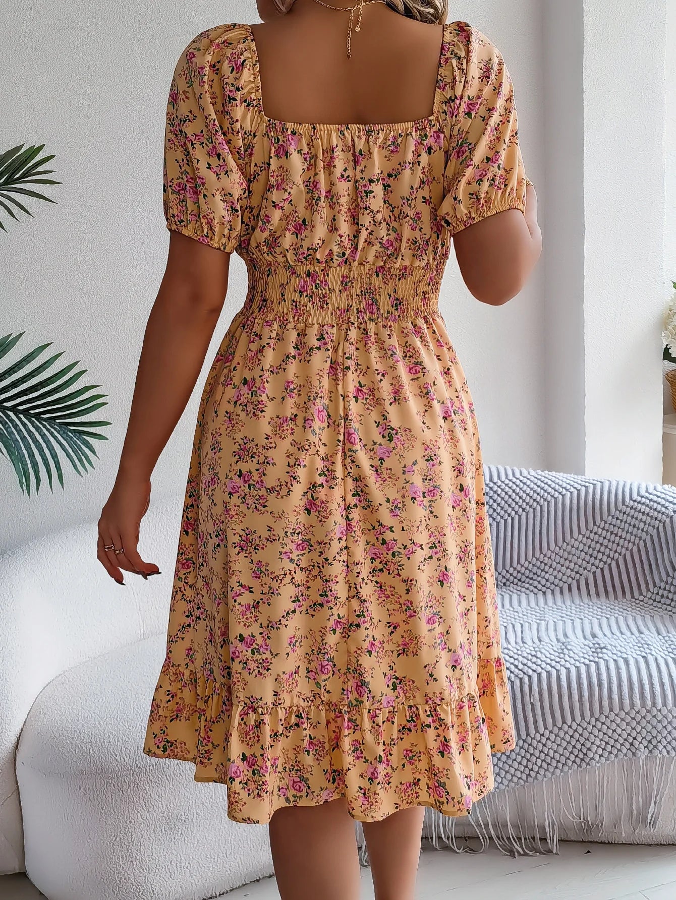 Casual Square Neck Shirred Waist Floral Print Short Sleeve Ruffle Hem Dress For Summer, Women's Clothing