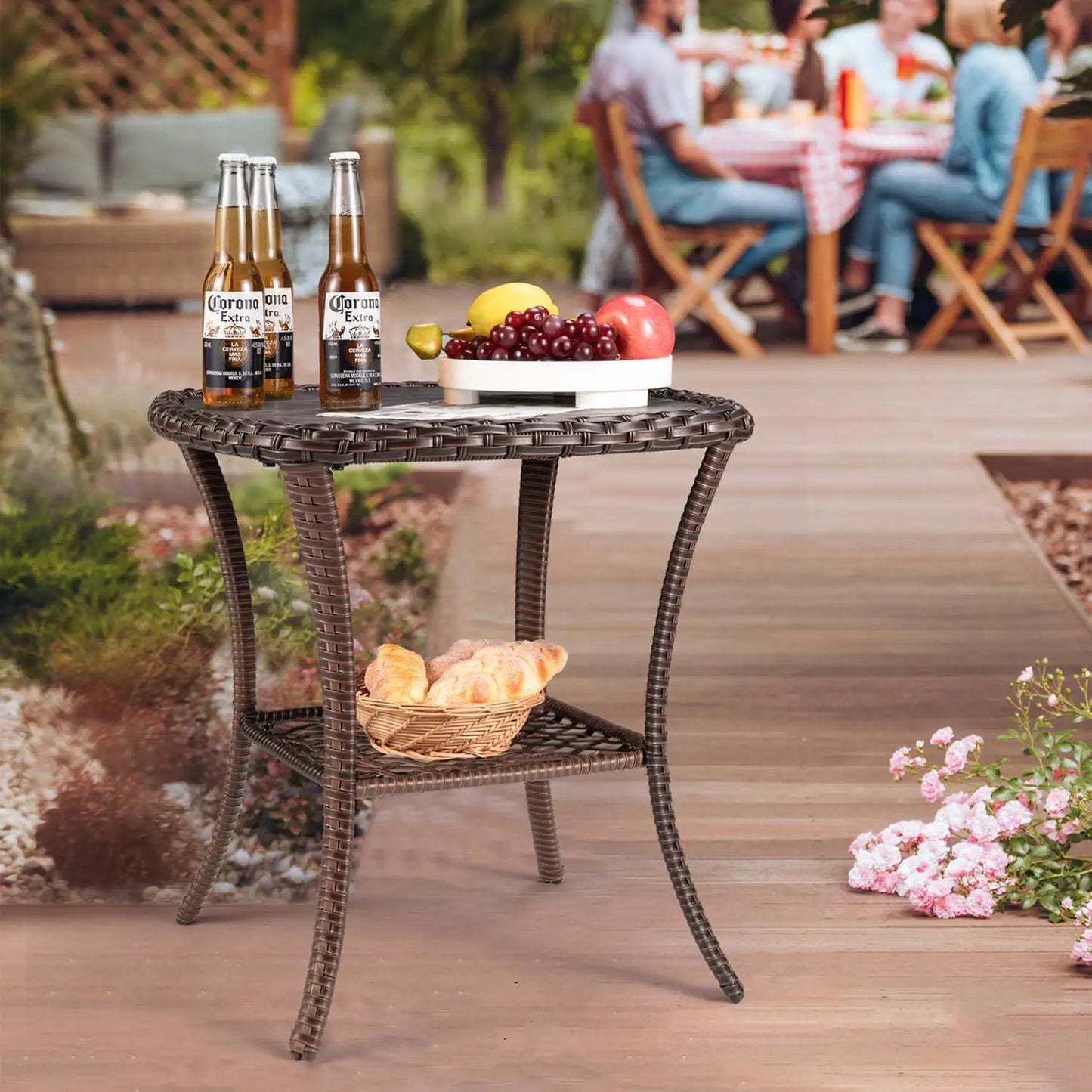 Outdoor Side Table Patio Wicker Coffee Table Outdoor End Table Rattan Bistro with Storage & Poly Lumber Top Square