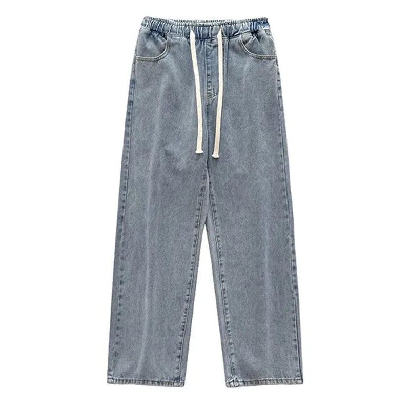 Women's Burrs Drawstring Straight Denim Pants Simple Preppy Style Elastic Waist Jeans Summer Fashion Female Trousers