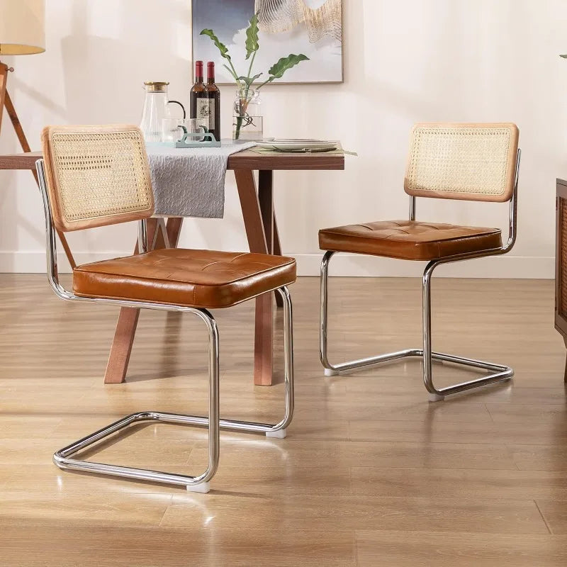 Zesthouse Mid-Century Modern Dining Chairs, Accent Rattan Kitchen Armless Mesh Back Cane Upholstered Leather Chairs