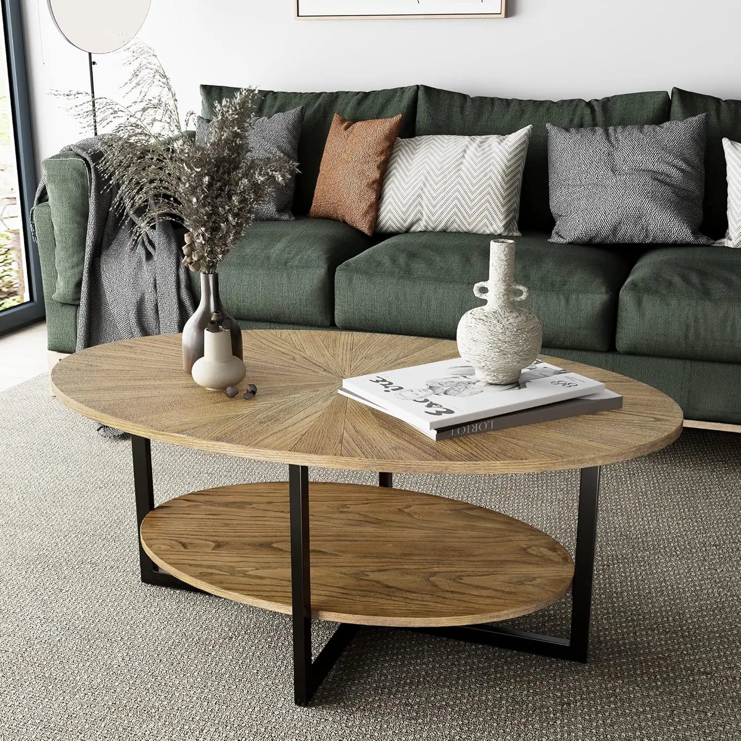 Solid Wood Oval Coffee Table with Cross Metal Legs, 43.3in Modern Industrail Center Table with Open Shelf Cocktail