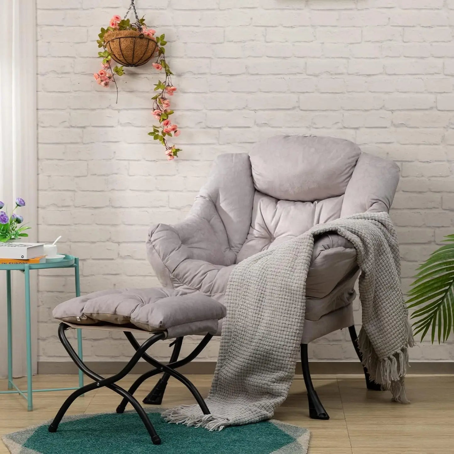 Fabric Lazy Chair with Foldable Ottoman,Accent Comfy Lounge Arm Chair and Folding Footrest Stool Set, Leisure Sofa Reading Chair