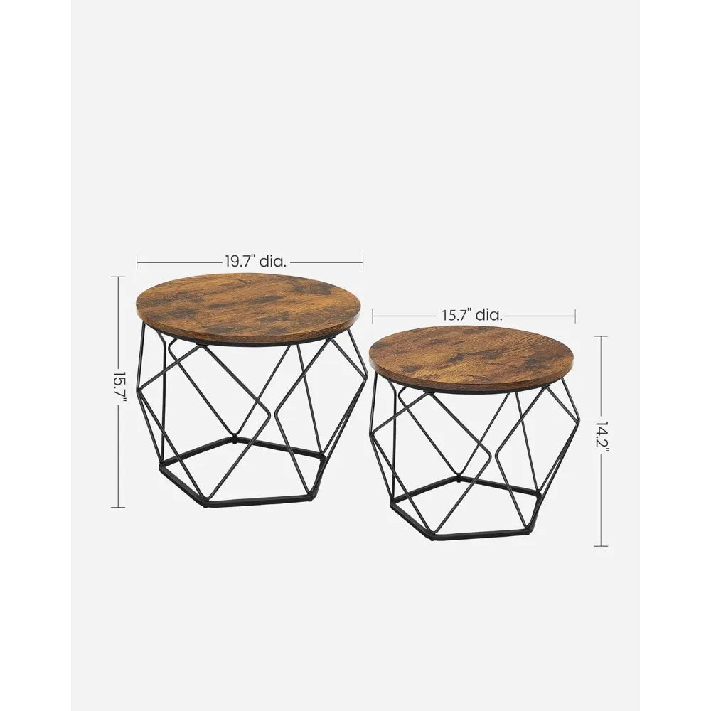 VASAGLE Small Coffee Table Set of 2, Round Coffee Table with Steel Frame, Side End Table for Living Room, Bedroom, Office