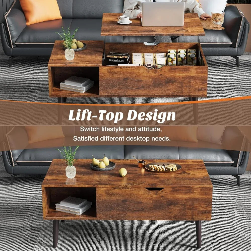 Coffee Table Brown, Lift Top Coffee Tables for Living Room, Small Rising Wooden Dining Center Tables with Storage Shelf