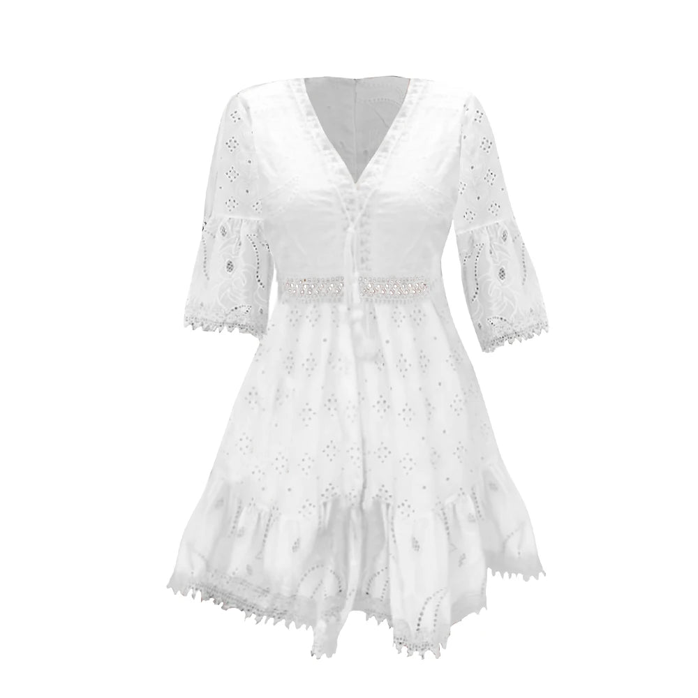 Solid Eyelet V Neck A-line Dress, Casual Tassel Three-quarter Sleeve Dress, Women's Clothing